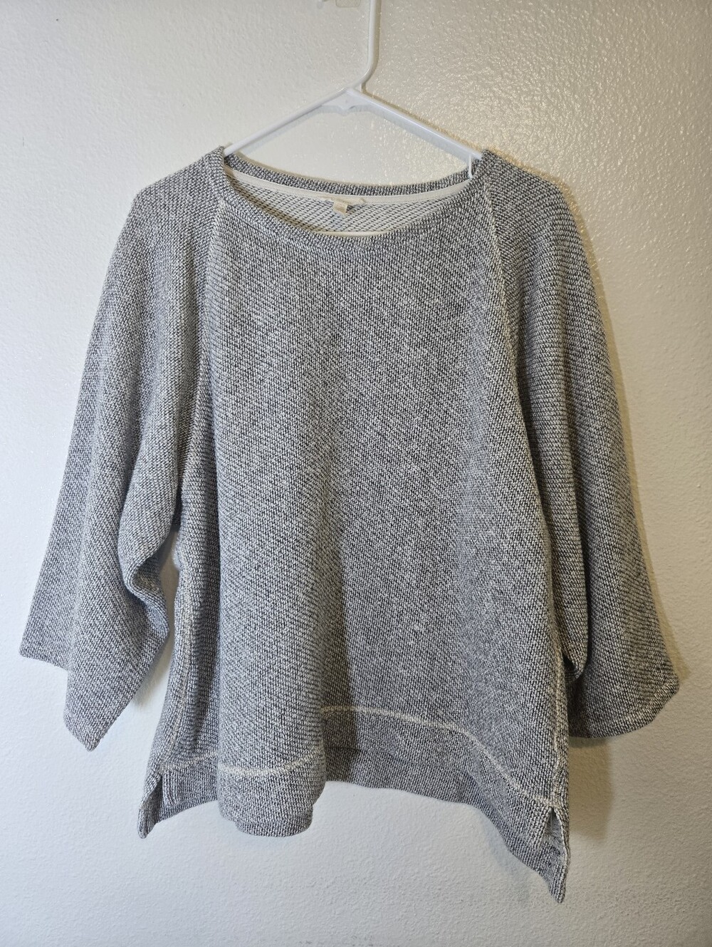 Eileen Fisher Organic Cotton Boxy Knit Sweater Top XL Gray 3/4 Sleeve Lagenlook